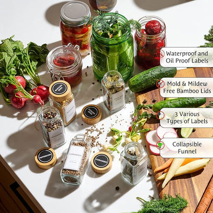 Glass Spice Jars with Label Set, Bamboo Lids & Funnel - Kitchen Airtight Storage Jars with Lids - Spices and Seasonings Sets Organizer, Spice Glass Jar with Lid Food Canister Bottle Sugar Shaker - Image 3