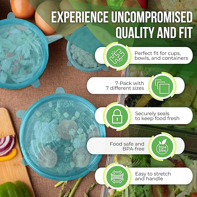 Reusable Silicone Stretch Lids for Food Storage in Fridge - Elastic Heat-Resistant Bowl Covers, Cups, Cans, Jars - Universal Food Grade Lid for Containers - 7 Pack - Blue Mist Stretchy Lid Set - Image 5