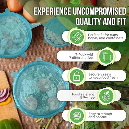 Reusable Silicone Stretch Lids for Food Storage in Fridge - Elastic Heat-Resistant Bowl Covers, Cups, Cans, Jars - Universal Food Grade Lid for Containers - 7 Pack - Blue Mist Stretchy Lid Set - Image 5