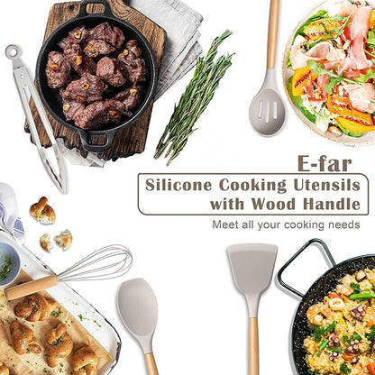 E-far Silicone Cooking Utensils Set, 10-Piece Heat Resistant Kitchen Utensils Set with Wooden Handle for Nonstick Cookware, Kitchen Nonstick Tools Spatula Whisk Tongs Ladle, Non-toxic & Healthy(Khaki) - Image 7