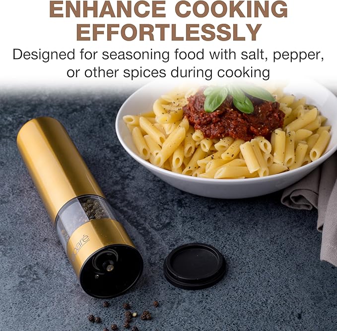 Eparé Brass Salt and Pepper Mill - Battery Operated Gold Pepper Grinder with Ceramic Burr - Automatic Steel Peppermills With LED Light - Gold or Brass Color - Image 5