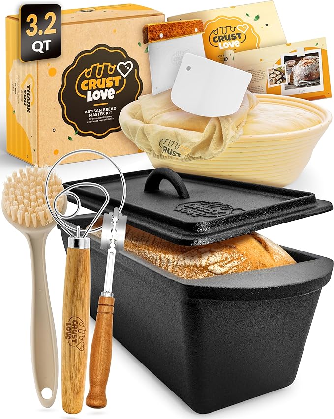 CRUSTLOVE Rectangular Cast Iron Dutch Oven for Bread Baking - incl. Sourdough Bread-Baking Supplies - 3.2QT Bread-Pan for Homemade-Bread, Sour dough Bread-Pans with Lid, Bread-Oven, Bread-Baking-Pan by CRUSTLOVE