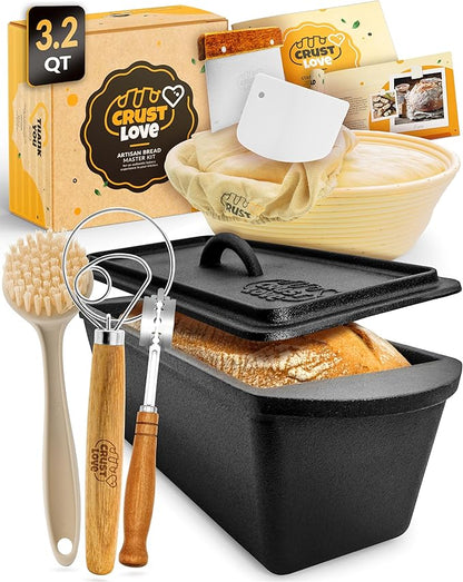 CRUSTLOVE Rectangular Cast Iron Dutch Oven for Bread Baking - incl. Sourdough Bread-Baking Supplies - 3.2QT Bread-Pan for Homemade-Bread, Sour dough Bread-Pans with Lid, Bread-Oven, Bread-Baking-Pan by CRUSTLOVE