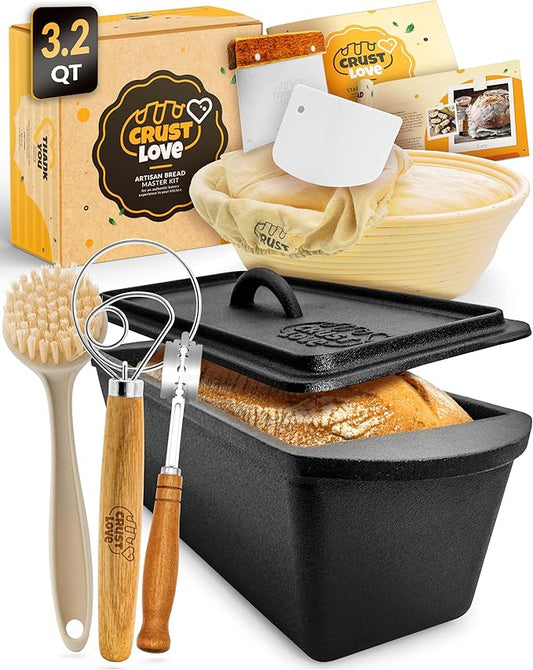 CRUSTLOVE Rectangular Cast Iron Dutch Oven for Bread Baking - incl. Sourdough Bread-Baking Supplies - 3.2QT Bread-Pan for Homemade-Bread, Sour dough Bread-Pans with Lid, Bread-Oven, Bread-Baking-Pan by CRUSTLOVE