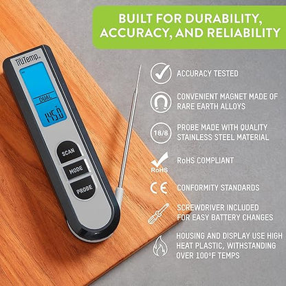 Taylor TruTemp Dual Instant Read Infrared Meat and Food Thermometer, Digital for Cooking, IPX5 Splash Proof Design, Plus Meat Probe for BBQ, Kitchen, Smoker, and Grilling, Gray