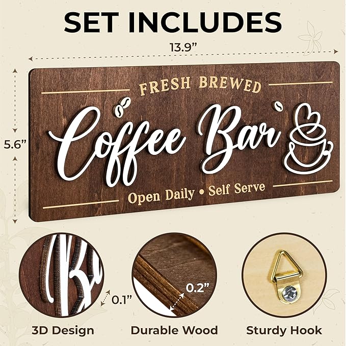 Woodamore Coffee Bar Signs for Wall Decor - Vintage Coffee Accessories for Cafe Station Signs Decorations, Small Farmhouse Cafe Sign for Home Decor Kitchen, Countertop - Image 2