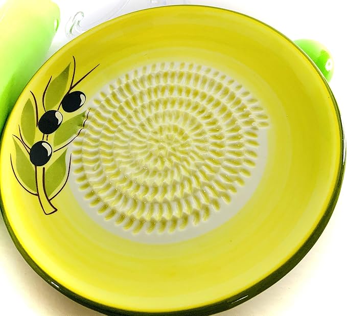 BonCera, All-in-one Premium Ceramic Garlic Grater Plate 4-Piece Set - Yellow Olive Design, Classic Style - For Garlic, Ginger, Chocolate, and more! - Comes with 5.25" Plate, Peeler, Brush, and Stand