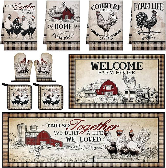 Fourluoo 10 Pcs Barn Chicken Kitchen Dish Towels Rugs Oven Mitts and Pot Holders Set Farmhouse Kitchen Decor Set for Women Mom Daughter Gift Cooking Baking Grilling (Retro Color)