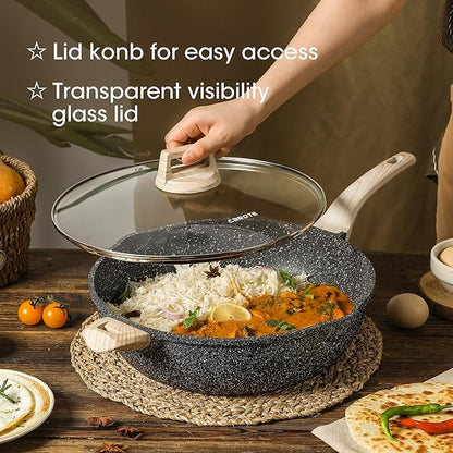 CAROTE 12.5 Inch Nonstick Deep Frying Pan with Lid, 6.5 Qt Jumbo Cooker Saute Pan with Pour Spout, Skillet Induction Cookware, Non Stick Cooking Pan PFOA Free, Classic Granite - Image 6