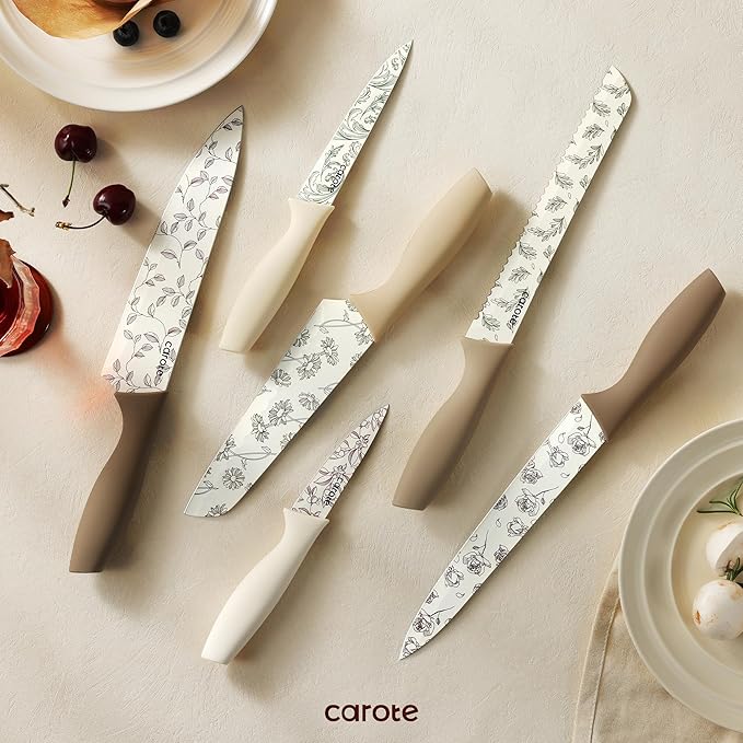 CAROTE 12PCS Knife Set, Kitchen Knife Set with 6 Blade Guards, Stainless Steel Knives Set With Nonstick Ceramic Coating, Rustproof, Delicate Floral Designs, White (Pack of 2) - Image 7