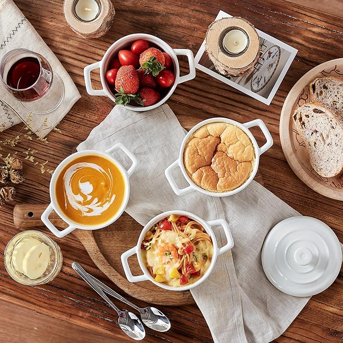 Lareina Mini Cocotte - 12oz Ceramic Casserole Dishes - Kitchen Casserole Sets With Handles And Lid - Small Baking Ramekins - Oven, Microwave & Dishwasher Safe - Set of 4 - White - Image 4