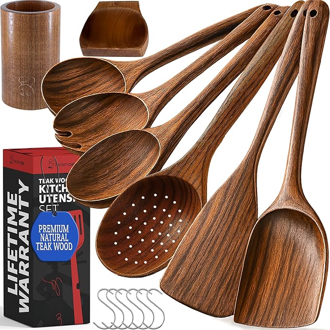 PriorityChef Wooden Spoons for Cooking, Premium 6pc Teak Wood Utensil Set with Hanging Hooks, Utensil Holder and Spoon Rest by PriorityChef