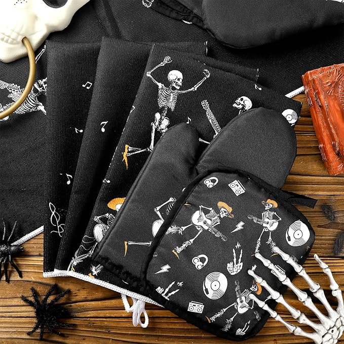 Leinuosen 8 Pcs Skull Kitchen Decor Set Kitchen Towels Gothic Oven Mitts and Pot Holders Skeleton Hand Dish Towels Horror Oven Mitts for Home Decoration Party Gifts (Modern Color,Music) - Image 7