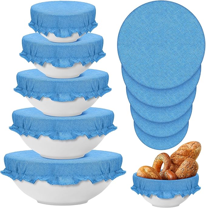 Patelai 10 Pcs Bowl Covers Reusable in 5 Size Stretch Cloth Fabric Elastic Food Storage Bowl Covers Bread Sourdough Lids for Proofing Food Fruits Leftover(Blue,Blue Style) by Patelai