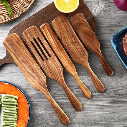 5Pcs Wooden Spurtle Set, Natural Acacia Wood Kitchen Utensils Set for Cooking, Stirring, Mixing, Serving, Heat Resistant Non-Stick, Wooden Spurtles for Mom, Wife Cooking Gifts