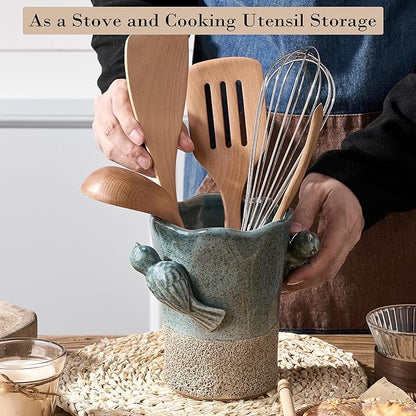6.38“H Utensil Holder for Kitchen Counter, Modern Farmhouse Cooking Utensil Holder and Crock Home Kitchen Decor, Ceramic Utensil Organizer for Spatula, Ladle, Eggbeater, Rolling Pin- Blue and Brown - Image 5