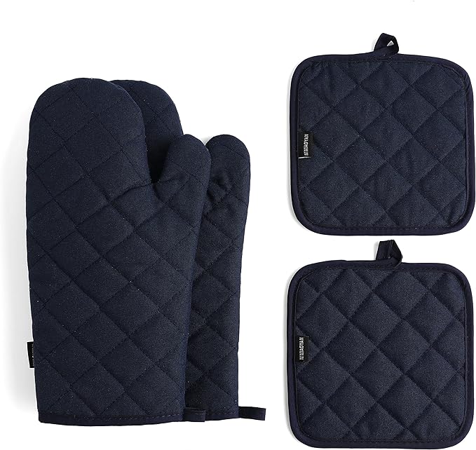 Oven Mitts and Pot Holders 4 pcs Set,High Heat Resistant 500 Degree Extra Thicken Long Kitchen Cotton Oven Glove for Cooking (12 Inch,Deep Blue) by M+MIAOYAN