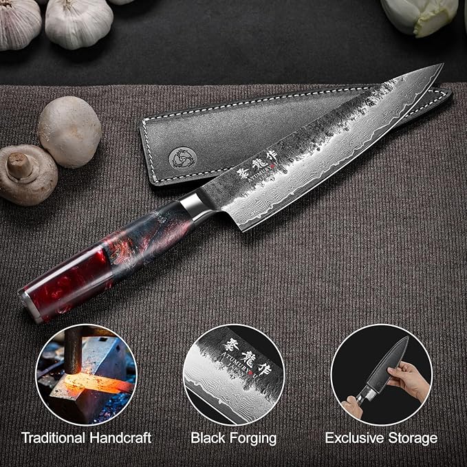 Japanese Chef Knife, 8 Inch VG10 Damascus Kitchen Knife, Professional Black Forged Kitchen Knives with Red Ergonomic Handle, Leather Sheath & Luxury Gift box, Perfect Birthday Gifts for Women Mom