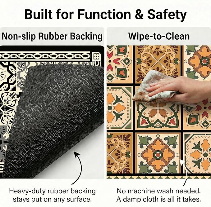 Boho Dish Drying Mat for Kitchen Counter - Super Absorbent Faux Leather Kitchen Mat, Quick Dry & Non-Slip Countertop Protector, Aesthetic Bohemian Decor for Coffee Bar (17"x31.5", Black)