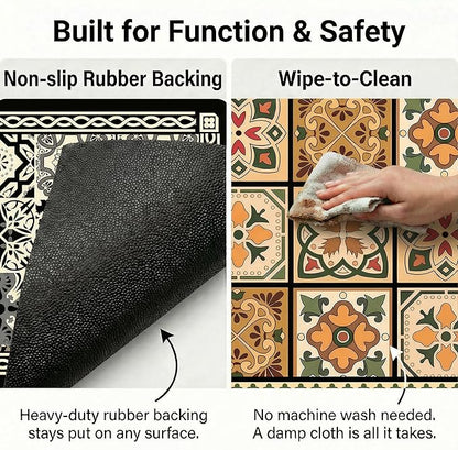 Boho Dish Drying Mat for Kitchen Counter - Super Absorbent Faux Leather Kitchen Mat, Quick Dry & Non-Slip Countertop Protector, Aesthetic Bohemian Decor for Coffee Bar (16"x21", Black)