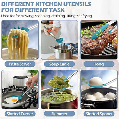 HaWare 29 PCS Silicone Cooking Utensils Set, Heat Resistant Kitchen Utensils Set with Stainless Steel Handle, Spatula Sets with Holder and Hooks, Kitchen Tools Gadgets for Nonstick Cookware -Blue