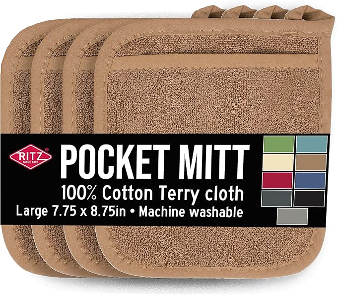 RITZ Terry Pocket Mitt & Hot Pad: Unparalleled Heat Resistant, Durable 100% Cotton – Ergonomically Designed for Optimal Grip – Easy-Care Machine Washable – 4-Pack, Mocha Brown by Ritz+Foodservice