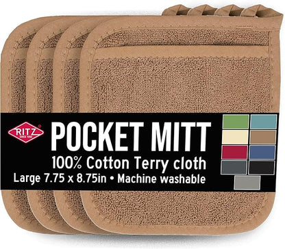 RITZ Terry Pocket Mitt & Hot Pad: Unparalleled Heat Resistant, Durable 100% Cotton – Ergonomically Designed for Optimal Grip – Easy-Care Machine Washable – 4-Pack, Mocha Brown by Ritz+Foodservice