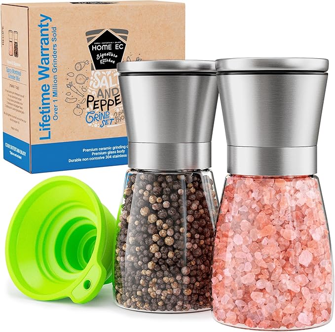 Home EC Original Stainless Steel Sea Salt and Pepper Grinder Set of 2 - Adjustable Ceramic - Glass Salt and Pepper Shakers - Kitchen Pepper Mill & Salt Mill W/Funnel & EBook by HOMEEC