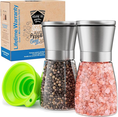 Home EC Original Stainless Steel Sea Salt and Pepper Grinder Set of 2 - Adjustable Ceramic - Glass Salt and Pepper Shakers - Kitchen Pepper Mill & Salt Mill W/Funnel & EBook by HOMEEC