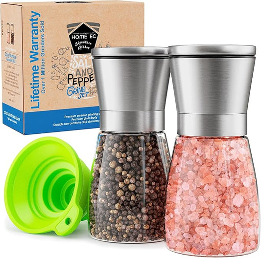 Home EC Original Stainless Steel Sea Salt and Pepper Grinder Set of 2 - Adjustable Ceramic - Glass Salt and Pepper Shakers - Kitchen Pepper Mill & Salt Mill W/Funnel & EBook by HOMEEC