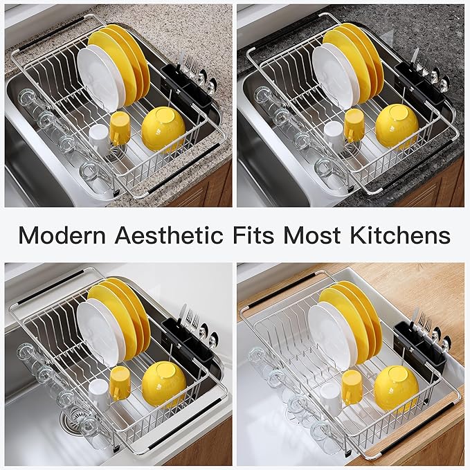 JASIWAY Dish Drying Rack in Sink, Expandable Stainless Steel Dish Drainers with Drainboard for Kitchen Counter, Space Saving Dish Dryer Rack, Over The Sink Dish Racks with Utensil Holder, Sliver - Image 9