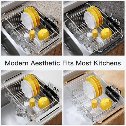 JASIWAY Dish Drying Rack in Sink, Expandable Stainless Steel Dish Drainers with Drainboard for Kitchen Counter, Space Saving Dish Dryer Rack, Over The Sink Dish Racks with Utensil Holder, Sliver - Image 9