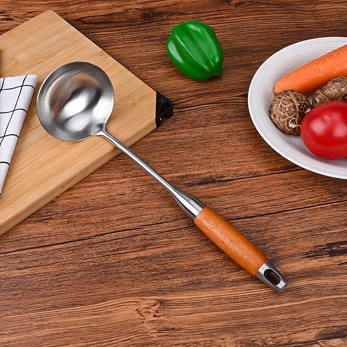 FJNATINH Soup Ladle, Stainless Steel Ladle with Heat Resistant Wooden Handle, Food Grade Metal Cooking Soup Spoon Kitchen Tools, Easy to Clean - Image 3