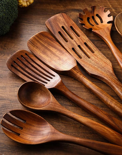 Wooden Kitchen Utensils Set, 11 Pcs Teak Wood Cooking Utensils Spoons Spatulas Spurtles Kit Non-stick Natural Kitchen Tools for Cooking
