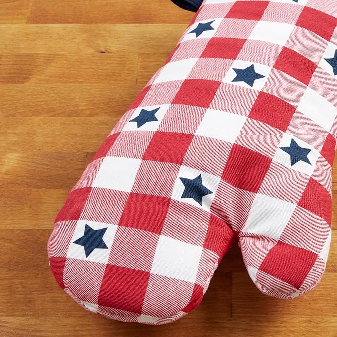MARTHA STEWART Americana Star Gihgham Oven Mitt & Pot Holder Set, 100% Cotton, Heat Resistant, Patriotic USA America Decor, Red/White/Blue, 7"x13" & 7"x10" - Image 3