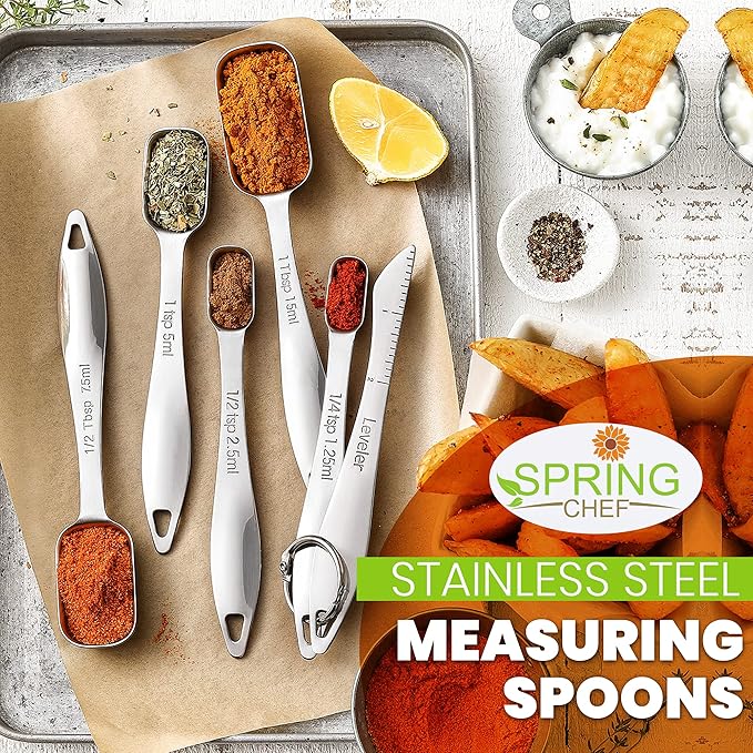 Spring Chef Stainless Steel Measuring Spoons Set of 6 with Leveler, Rectangular Metal Teaspoon & Tablespoon Measuring Spoons for Dry & Liquid Ingredients - Nesting Kitchen Gadgets For Baking & Cooking - Image 2