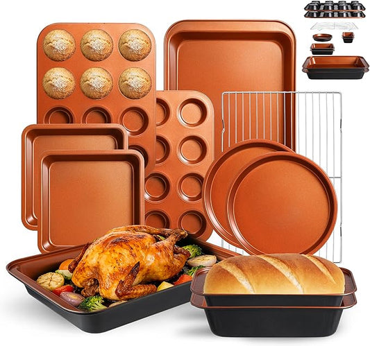 11-Piece Nonstick Baking Pans Set - Professional Grade Carbon Steel Bakeware with Premium Coating- Dishwasher Safe, Stackable, Oven Safe to 450°F (Two Layer Color) by Unknown