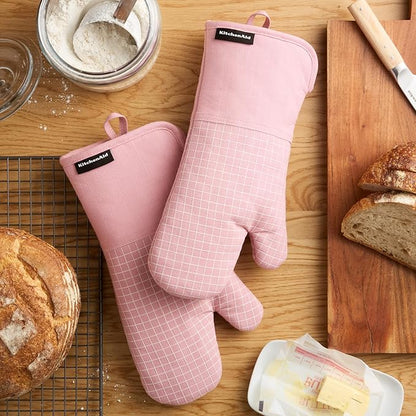 KITCHENAID Gourmet Series Gridlines Oven Mitts 2-Pack Set, Heat Resistant up to 600°F, Soft Silicone Grip, Magnetic Cuff, Dried Rose, 7"x14"