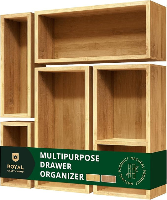 ROYAL CRAFT WOOD Premium Carbonized Bamboo Decorative Boxes - Drawer Organizer Set (5-Piece) – Wood Storage Boxes for Kitchen, Bathroom, Office & Makeup by RoyalCraftWood