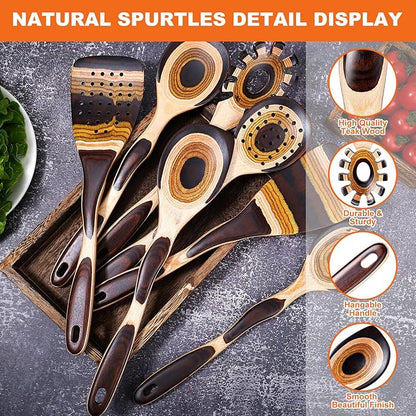 7Pcs Pakkawood Kitchen Utensils Set for Cooking, Wooden Spoons for Cooking, Safe Eco-Friendly, Non-Stick, Wooden Utensil for Cooking,Wooden Cookware Set, Housewarming Kitchen Gifts, Brown