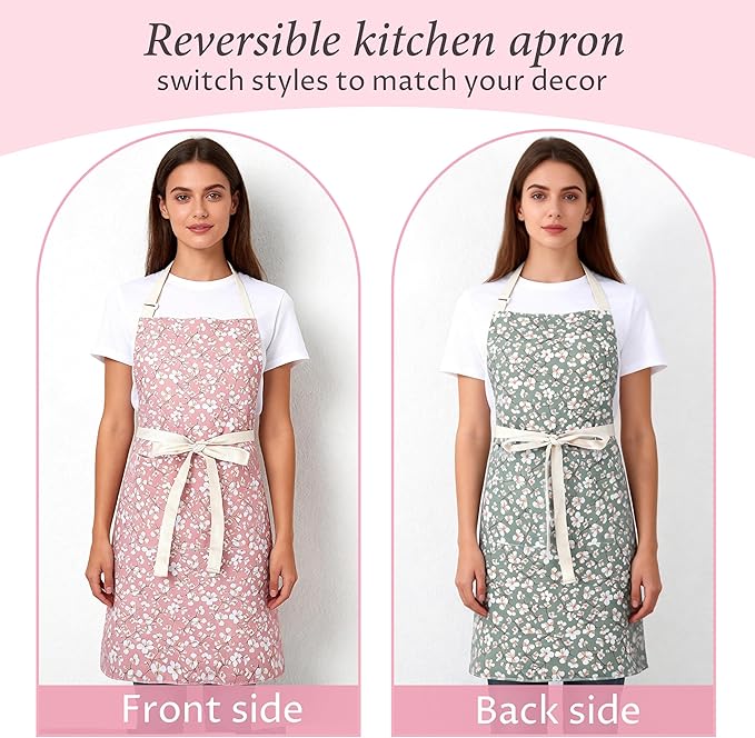 Aoomzoon Kitchen Aprons for Women with 2 Pockets,Double Sided Vintage Adjustable Apron for Gardening Cooking Arting Painting - Image 2