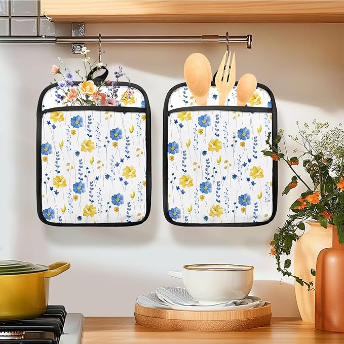 Blue and Yellow Floral Oven Mitts Set, Blue Flower Floral Heat Resistant Kitchen Oven Gloves for Baking and Cooking,Pot Holders - Image 3
