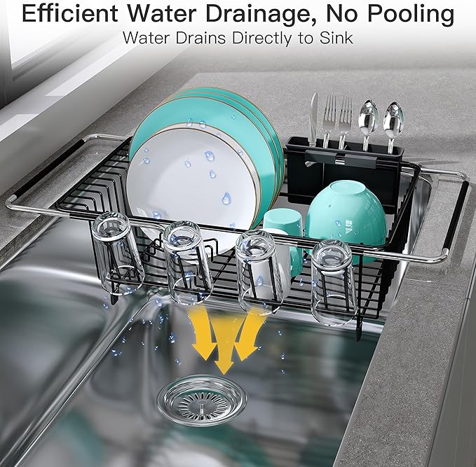 JASIWAY Dish Drying Rack in Sink, Expandable Stainless Steel Dish Drainers for Kitchen Counter, Space Saving Dish Dryer Rack with Drainboard, Over The Sink Dish Racks with Utensil Holder, Black - Image 6
