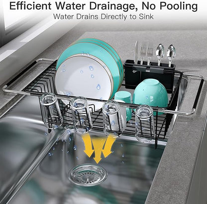 JASIWAY Dish Drying Rack in Sink, Expandable Stainless Steel Dish Drainers for Kitchen Counter, Space Saving Dish Dryer Rack with Drainboard, Over The Sink Dish Racks with Utensil Holder, Black - Image 6