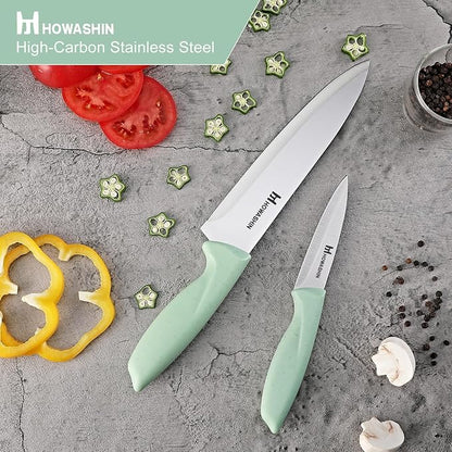 Green Knife Set, 15 Pcs Kitchen Knife Set with Block,High Carbon German Stainless Steel Knife Block Set, Hand wash Safe Knives Set