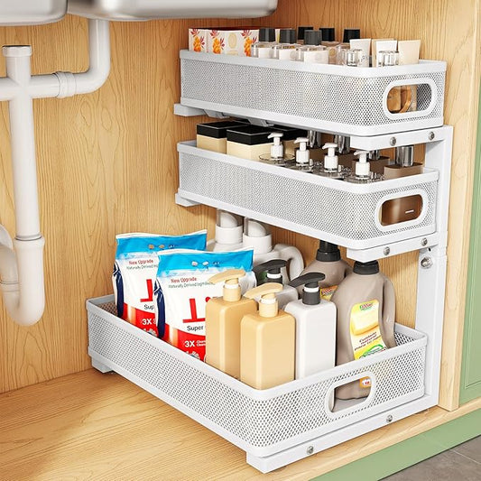 Kitstorack Under Sink Organizer, 1-Pack 3-Tier Height Adjustable Thickened Metal Pull out Cabinet Organizer Shelf, Slide out Storage Drawer Rack for Bathroom Kitchen Pantry Home Laundry Organization by Kitstorack