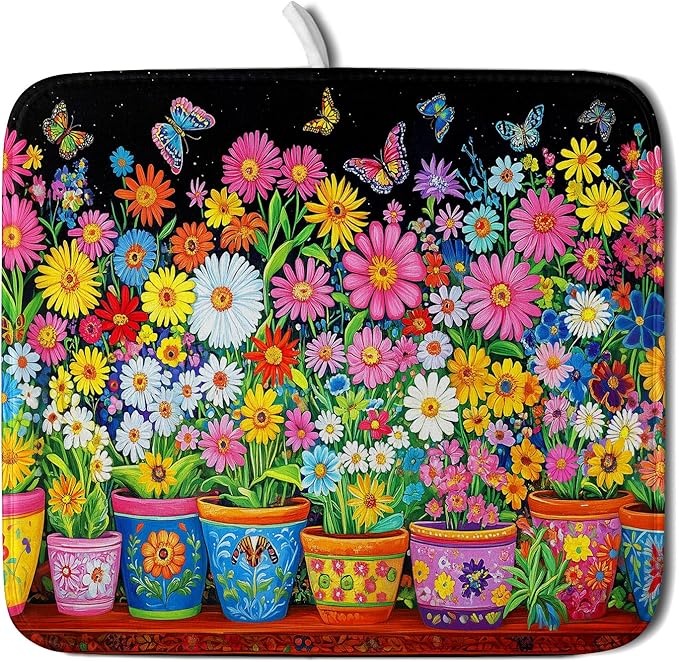 Colorful Floral Dish Drying Mat 16 X 18 Black Spring Flowers Absorbent Microfiber Kitchen Decor Counter Mats by Giwawa