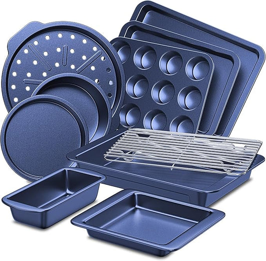 HONGBAKE Bakeware Sets, Baking Pans Set, Nonstick Oven Pan for Kitchen with Wider Grips, 10-Piece Including Rack, Cookie Sheet, Cake Pans, Loaf Pan, Muffin Pan, Pizza Pan - Blue by HONGBAKE