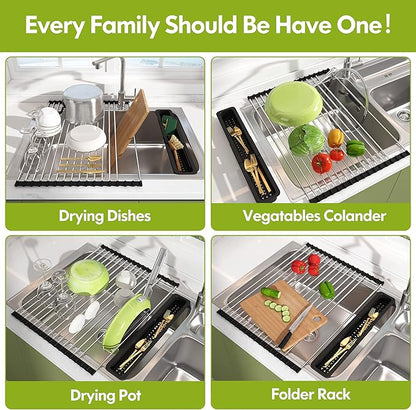 JASIWAY Dish Drying Rack, Roll Up Dryer Rack for Inside Sink, Expandable (12.8"-23.8" D x 15.5" W) 304 Stainless Steel Dish Drainers for Kitchen Counter, Over Sink Cover with Utensil Holder - Image 5