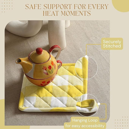 Buffalo Plaid Check Oven Mitts and Pot Holders Set, 100% Cotton, Heat Resistant, 2 Oven Gloves 7x13 Inches and 2 Hot Pads 8x8 Inches for Cooking and Baking, Lemon Yellow White